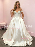 Beige Off The Shouler Beading A Line Satin Prom Dress