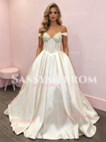 Beige Off The Shouler Beading A Line Satin Prom Dress