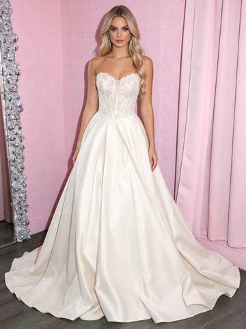 Lace Sweetheart White Sheer Satin A Line Prom Dress