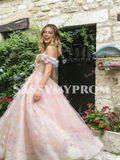 Off The Shoulder Pink Floral A Line Prom Dress