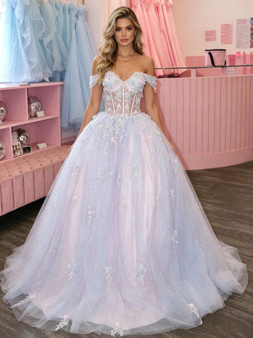 Off The Shoulder Purple A Line Appliques Prom Dress