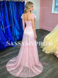 Pink Cap Sleeves Trumpet Mermaid Tulle Prom Dress With Slit