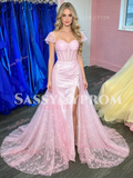 Pink Cap Sleeves Trumpet Mermaid Tulle Prom Dress With Slit