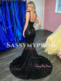 V Neck Sequin Black Cut Out Trumpet Mermaid Prom Dress