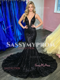 V Neck Sequin Black Cut Out Trumpet Mermaid Prom Dress
