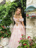 Off The Shoulder Pink Floral A Line Prom Dress
