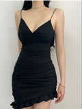 V-Neckline Ruffle-Trimmed Black Party Dress