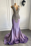 Scoop Satin Sheer Purple Beading Mermaid Prom Dress