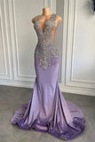 Scoop Satin Sheer Purple Beading Mermaid Prom Dress