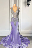 Scoop Satin Sheer Purple Beading Mermaid Prom Dress