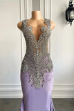 Scoop Satin Sheer Purple Beading Mermaid Prom Dress