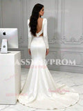Back view of open V-back white satin mermaid wedding dress with long sleeves, covered buttons and chapel train
