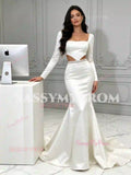 White long sleeve backless satin mermaid wedding dress with cut-out waist and crystal beaded trim, full length

