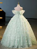 Mint Green Floral Tulle Ball Gown Prom Dress