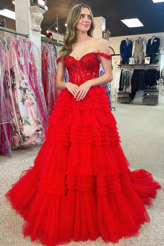 Ruffle Tiered Red Tulle Off The Shoulder Prom Dress
