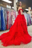 Ruffle Tiered Red Tulle Off The Shoulder Prom Dress
