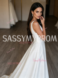 Minimalist satin V-neck A-line wedding dress 