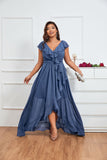 Blue Butterfly Sleeve Wrap Hem Chiffon Bridesmaid Dress