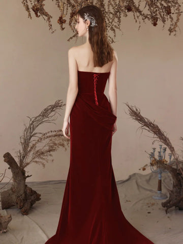 Burgundy Flower Strapless Mermaid Velvet Prom Dress – Sassymyprom