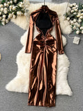 Shimmering Cocoa Long Sleeve Gown