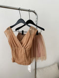 V Neck Sheer Mesh Brown Top Ruched Skirt