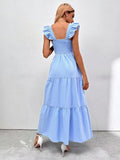 Light Blue Ruffled Straps Smocked Dress