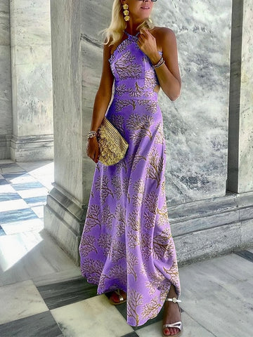 Purple Sexy Printed Strap Halter Backless Dress