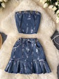 Silver Eyelet Details Chic Denim Skirt Set