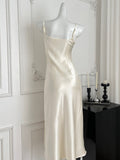 Floral Embellishments Elegant Satin Slip Dress