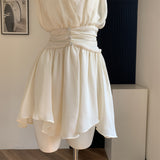 Ruched Waist Cream Chiffon Halter Dress