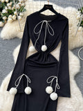 Knit Long Sleeves Black Maxi Dress