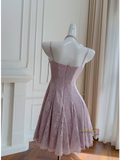 A Line Halter Flower Short Mini Purple Lace Homecoming Dress