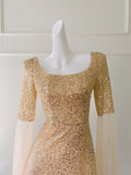 Square Beading Sequin Champagne Long Sleeve Prom Dress