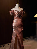 Pleat Trumpet Mermaid Coffee Sequin Prom Dress With Slit