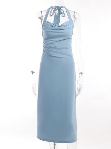 2023 Blue Halter Semi Flare Midi Dress S / Blue 2023 Blue Halter Semi Flare Midi Dress S / Blue