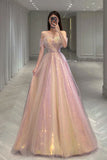 Gold Sparkle A Line Tulle Sequin Long Prom Dress