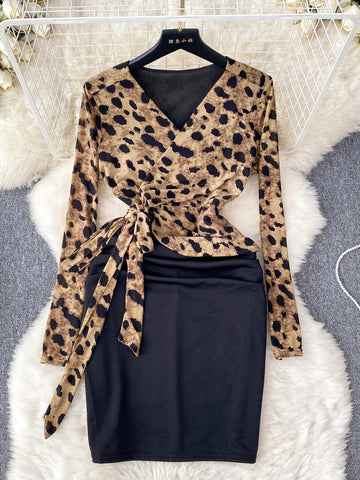 Black Pencil Skirt Leopard Wrap Dress