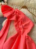 Elegant Flare Bow Coral One-Shoulder Dress