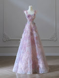 Pink Floral Straps A Line Princess Prom Dress