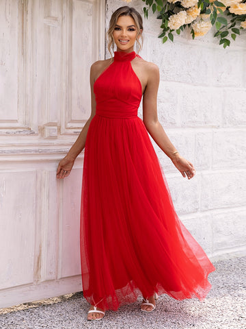 Crimson Dream High-Neck Tulle Maxi Dress