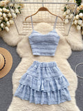 Playful Blue Lace Crop Top and Skirt Set