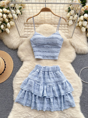 Playful Blue Lace Crop Top and Skirt Set