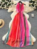 Spectrum Colors Flowy Halter Chiffon Maxi Dress