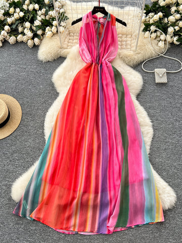 Spectrum Colors Flowy Halter Chiffon Maxi Dress