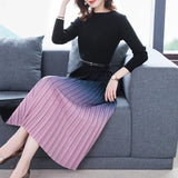 Ribbed Top Belt Sophisticated Pleated Dress