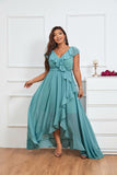Blue Butterfly Sleeve Wrap Hem Chiffon Bridesmaid Dress