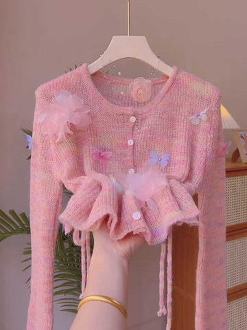 Romantic Ruffles Appliqué Cozy Pink Sweater