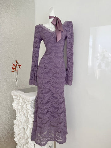 Bishop Sleeves Sheer Lace Mermaid Dress