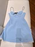 Bow Spandex Spaghetti Straps Blue Beading Homecoming Dress