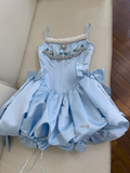 Short Mini Ruffles Satin Sky Blue Beading Homecoming Dress